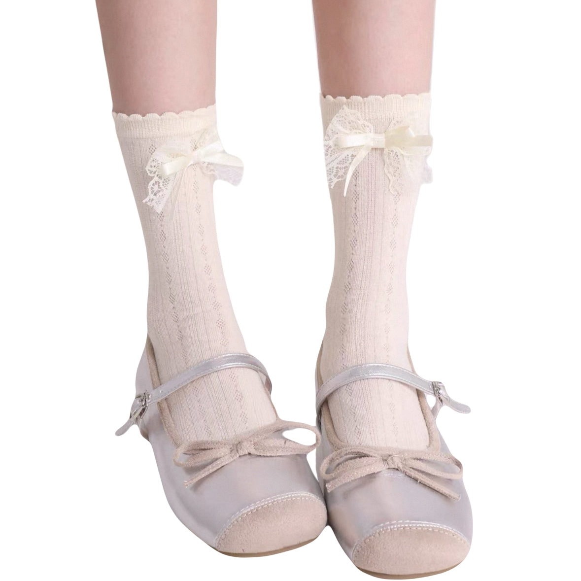 Cream white lace bow socks with frilly trim for women  summer cotton socks