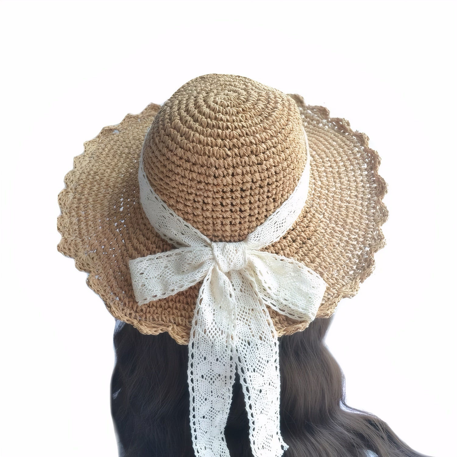 Stylish paper straw hat with elegant lace bow detail wide brim floppy hat