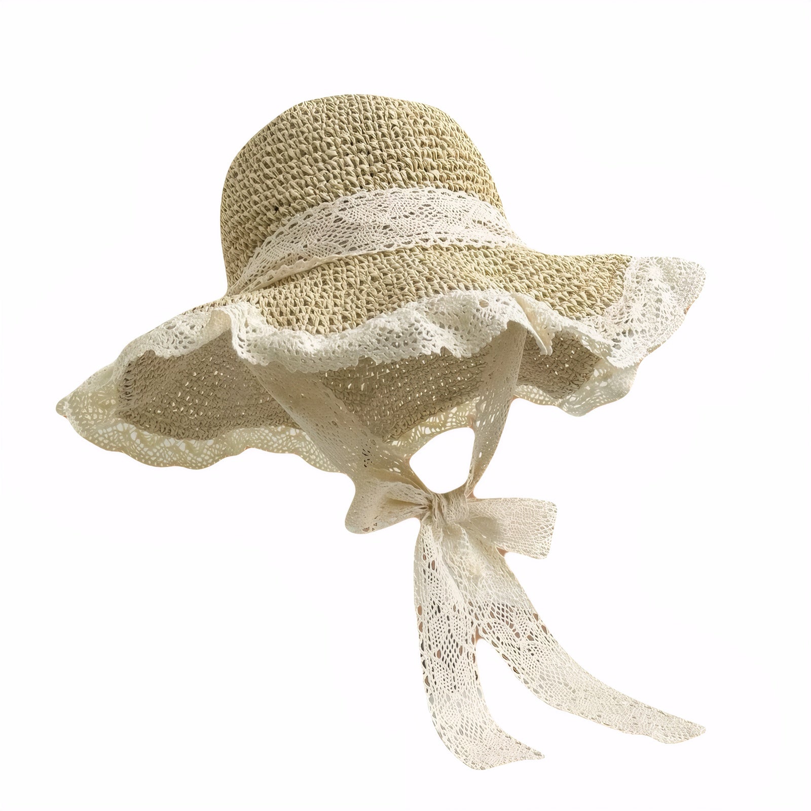 Summer lace-trimmed beach hat in beige, brown, and pink