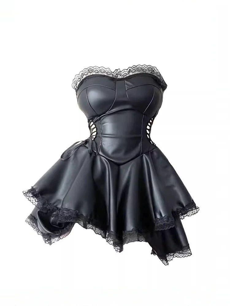 Gothic Black Faux Leather Strapless Dress with Lace-Up Waist Lace Trim Alt Girl Corset Skater Dress
