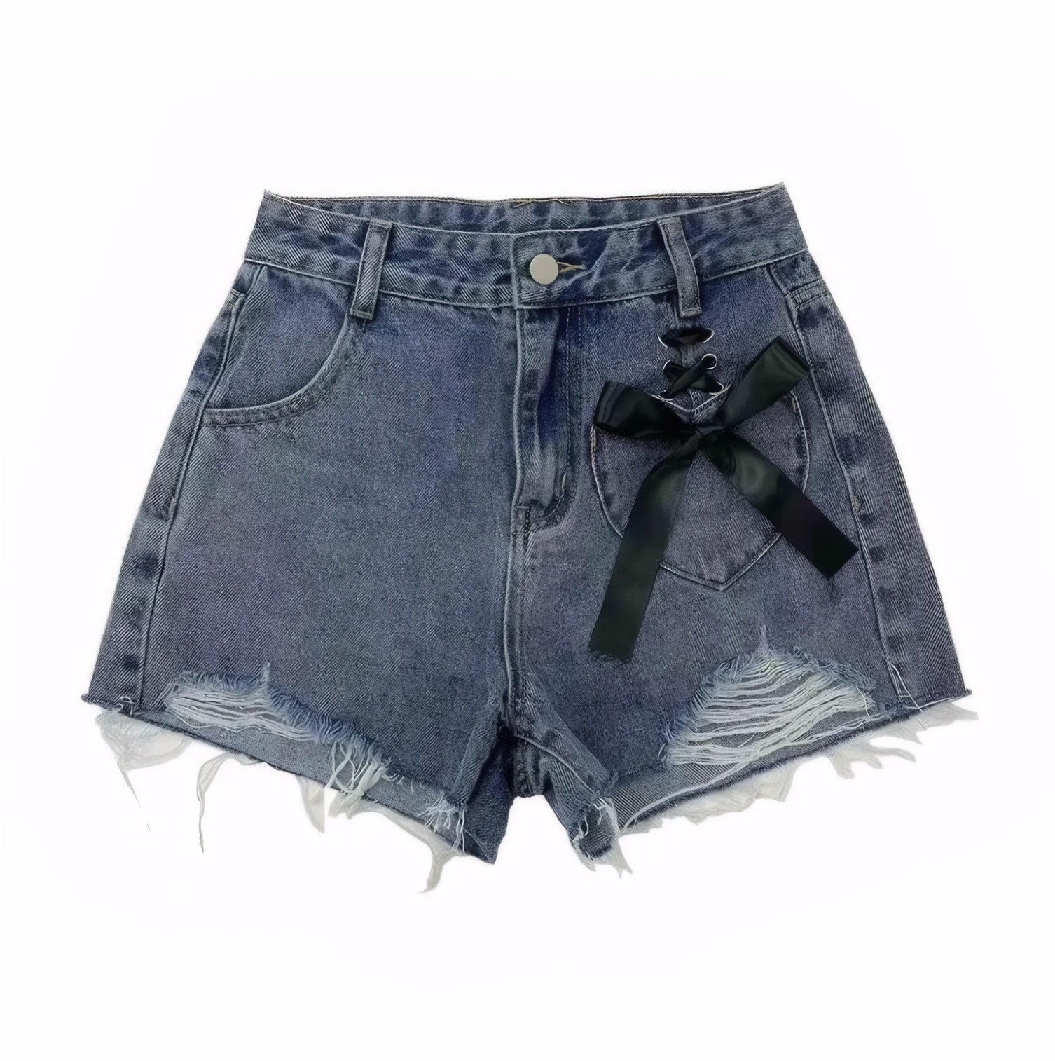 Cute Summer A-Line Jean Shorts with Ribbon and Raw Edge Trim