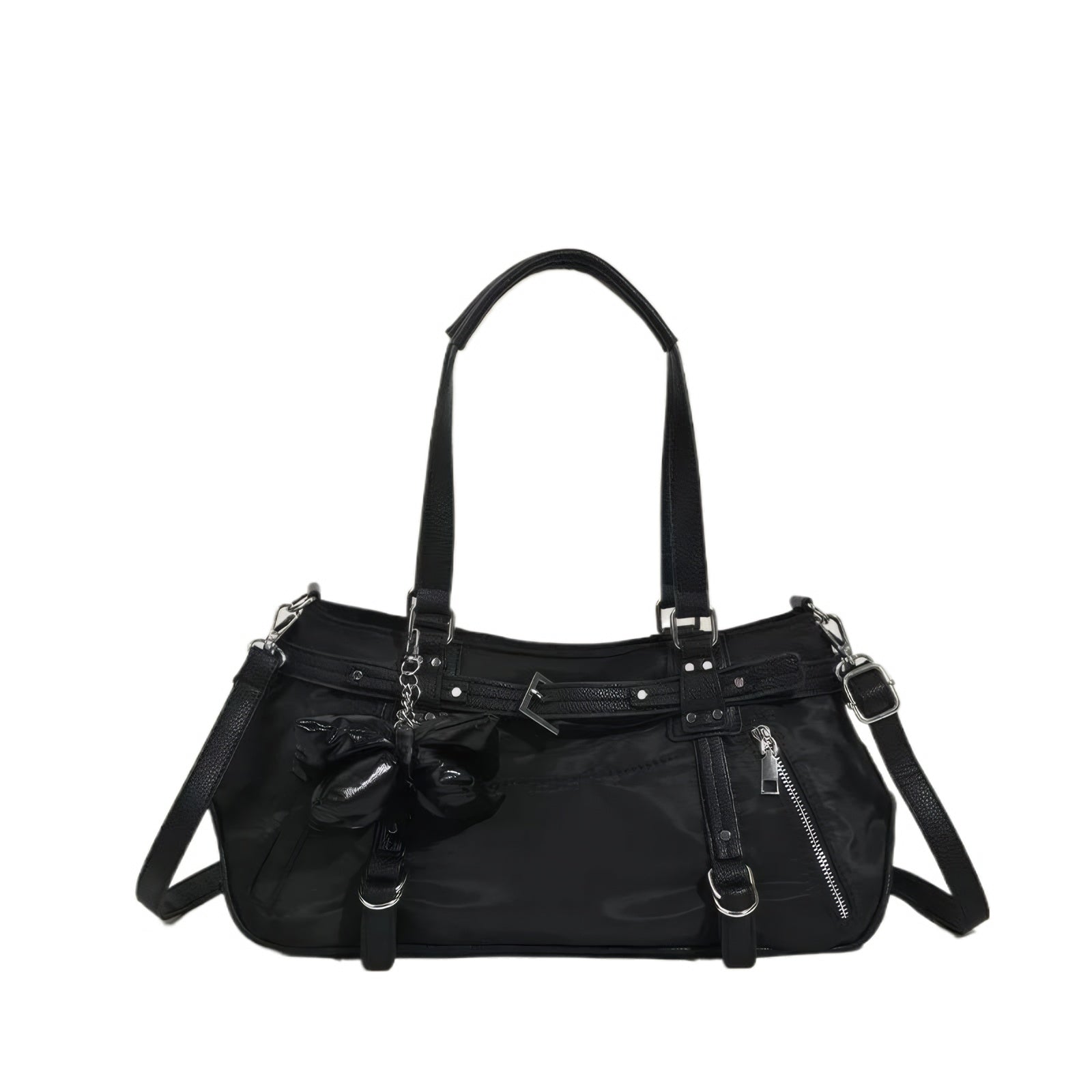 All Black Gothic Shoulder Gym Tote with Silver Zipper and Buckle Accents