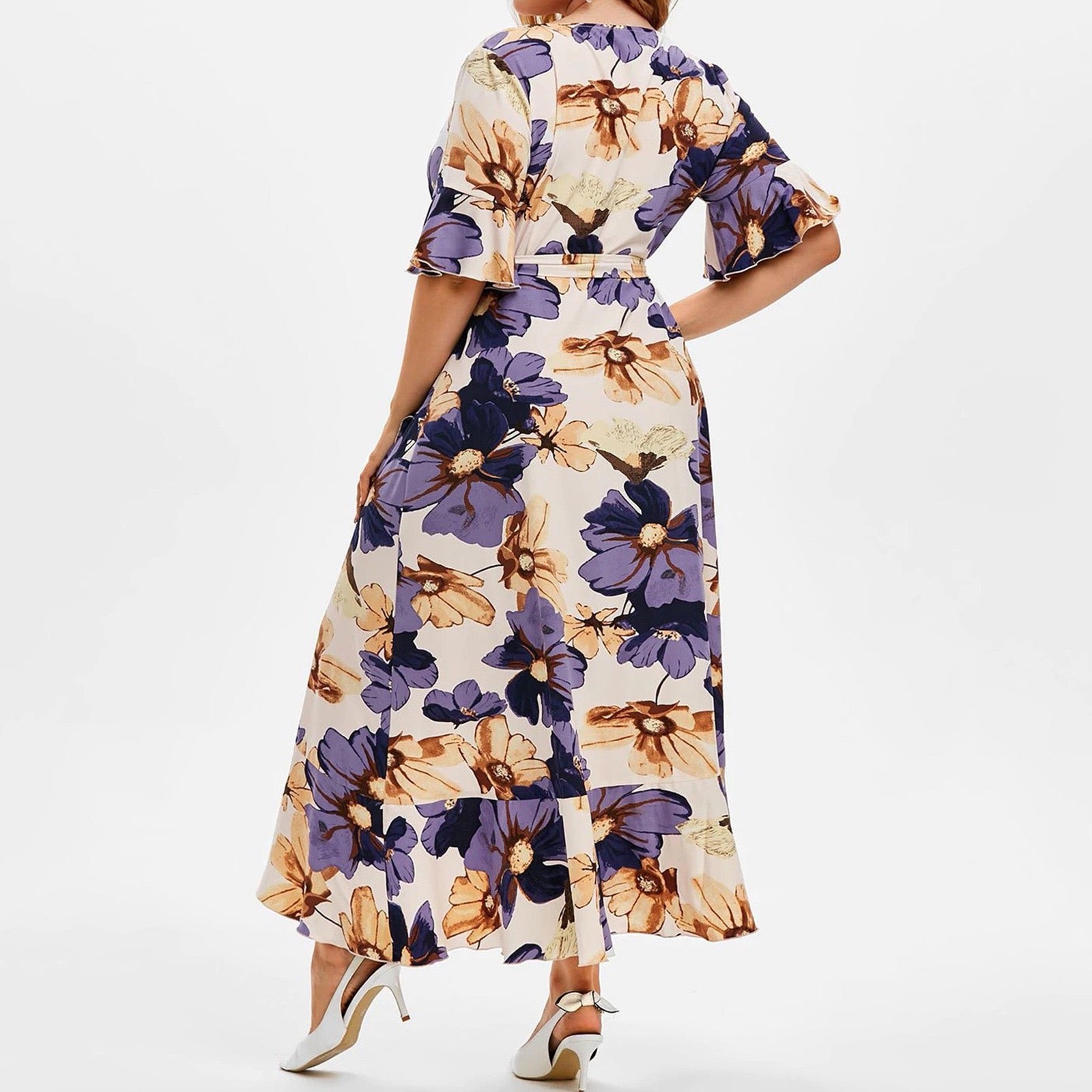Plus Size Boho Floral Maxi Dress for Women V-Neck Ruffle Hem Summer Wrap Style