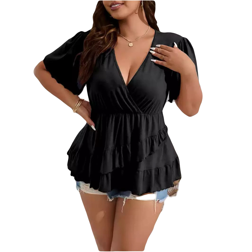Large Size Ruffle Hem V Neck Summer Tee Cute Layered Short Sleeve Cotton Blouse
