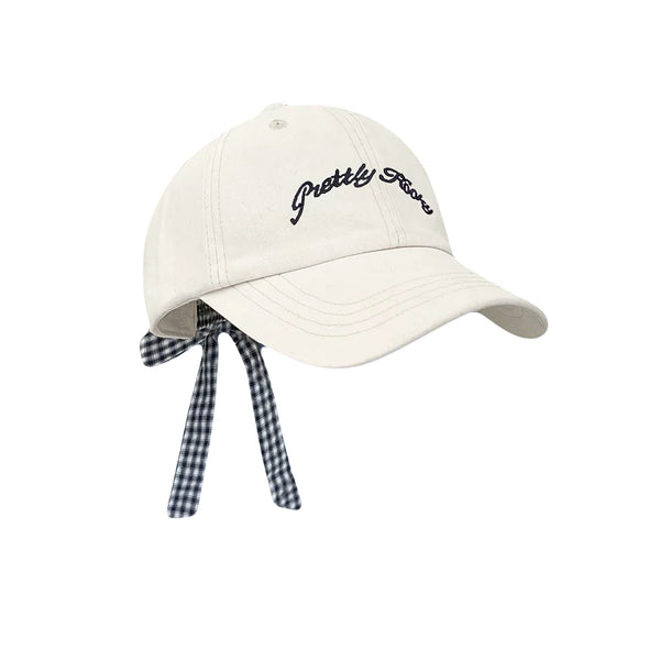 Cream white baseball cap with back plaid ribbon and cursive embroidery letter print cap for girls aesthetic baseball hat