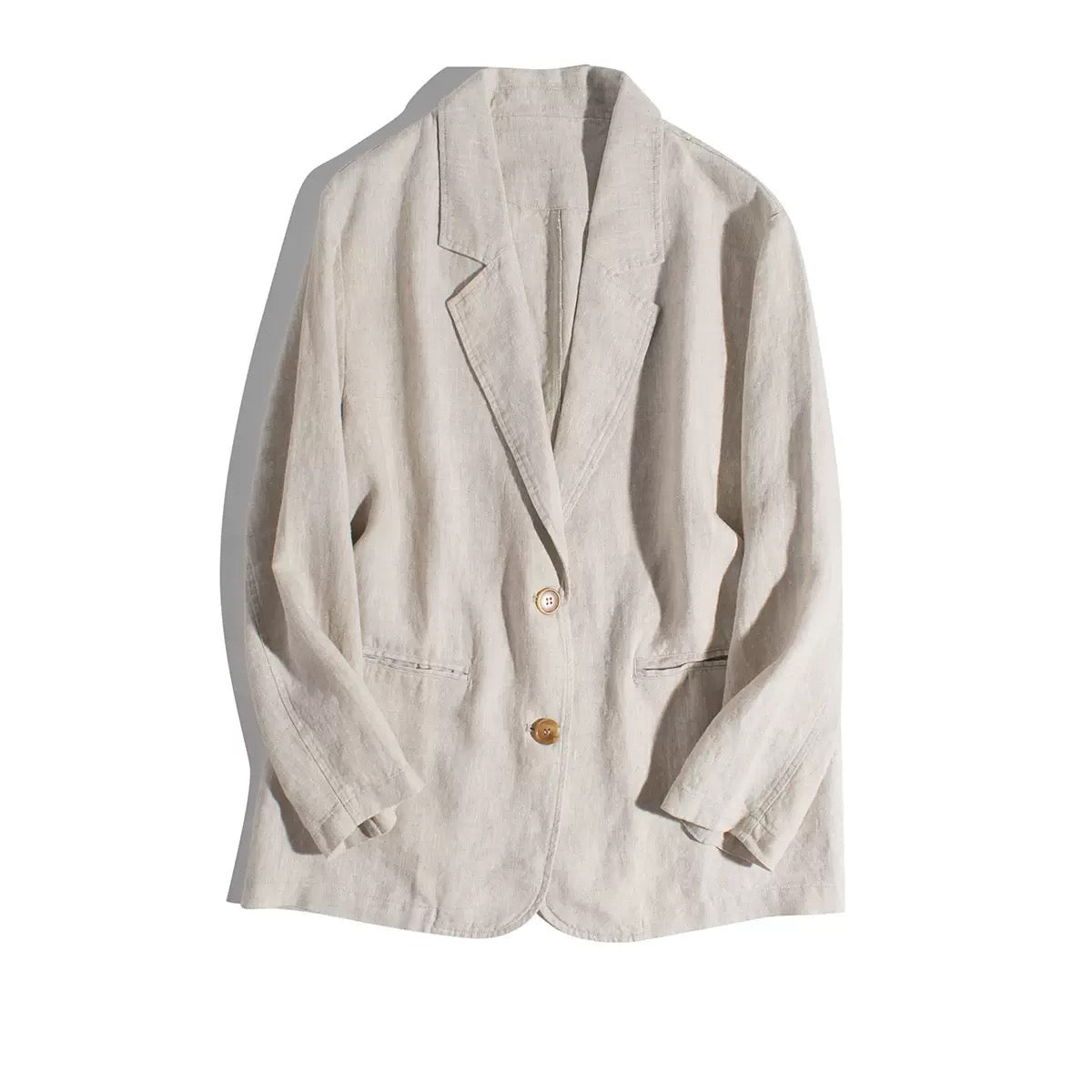 Beige pure linen casual blazer with two buttons and lapel collar