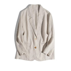 Beige pure linen casual blazer with two buttons and lapel collar