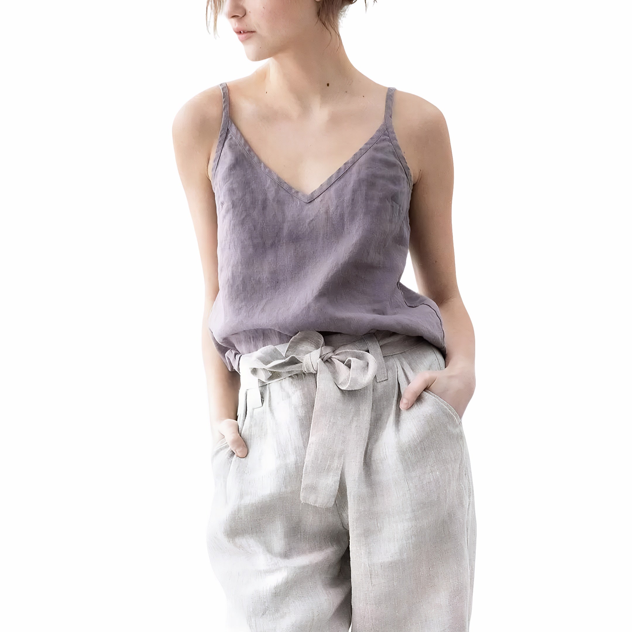 Gray purple linen cotton camisole tank top for women, V-neck sleeveless blouse, summer casual wear