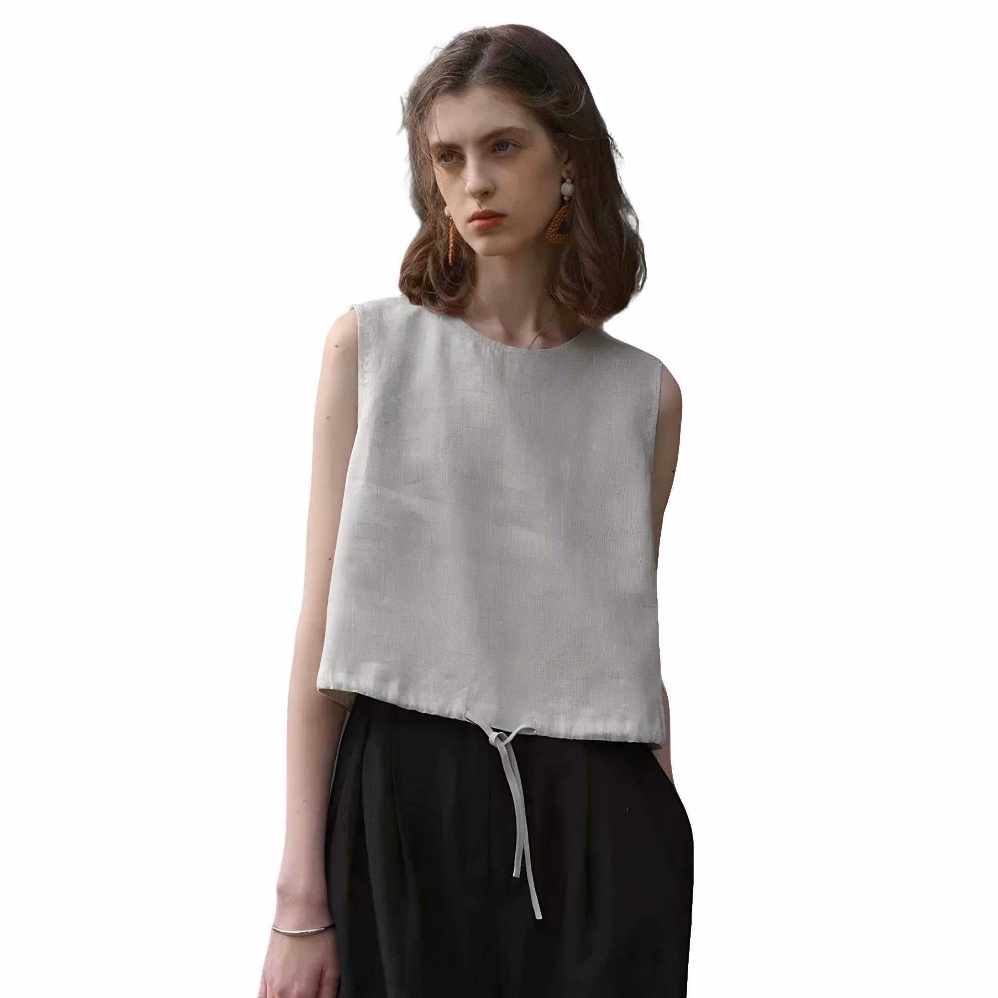 Beige natural linen tank top with round neck and back button closure