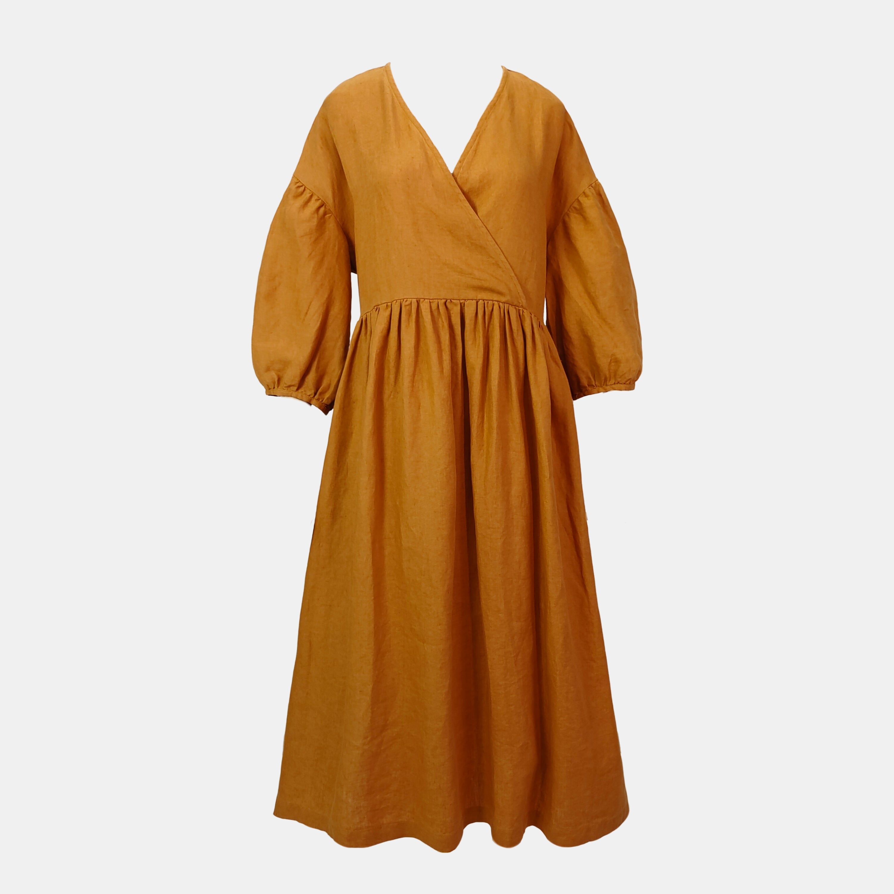 100% Linen Puff Sleeve Wrap Dress V-Neck 3/4 Sleeve Midi Long Dress Vintage Boho Style