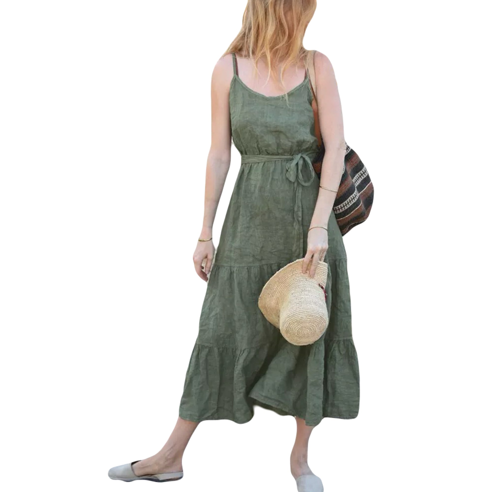 Linen and cotton sleeveless maxi dress for women, with spaghetti straps, tiered skirt and waist tie, perfect for summer vacation or casual wear.