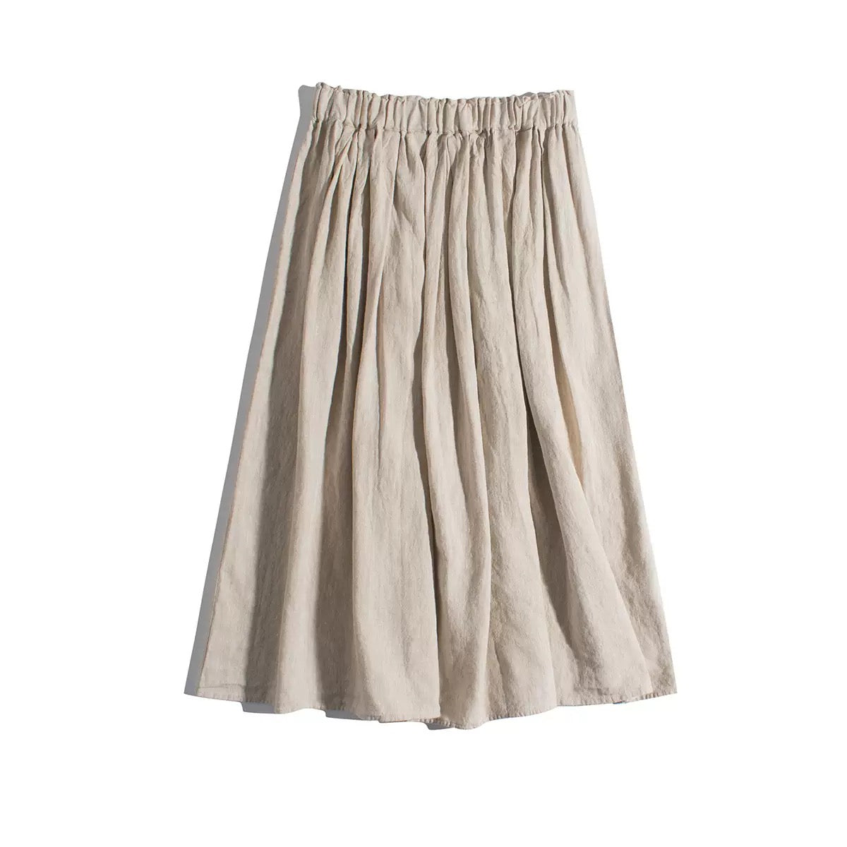Beige 100% linen pleated A-line midi skirt with elastic waist and natural texture.