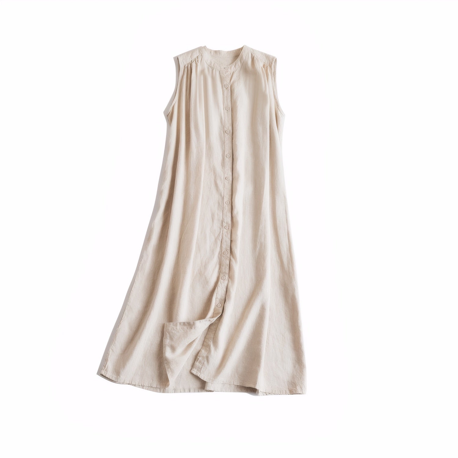 Cream white linen long sleeveless shirt dress laid flat
