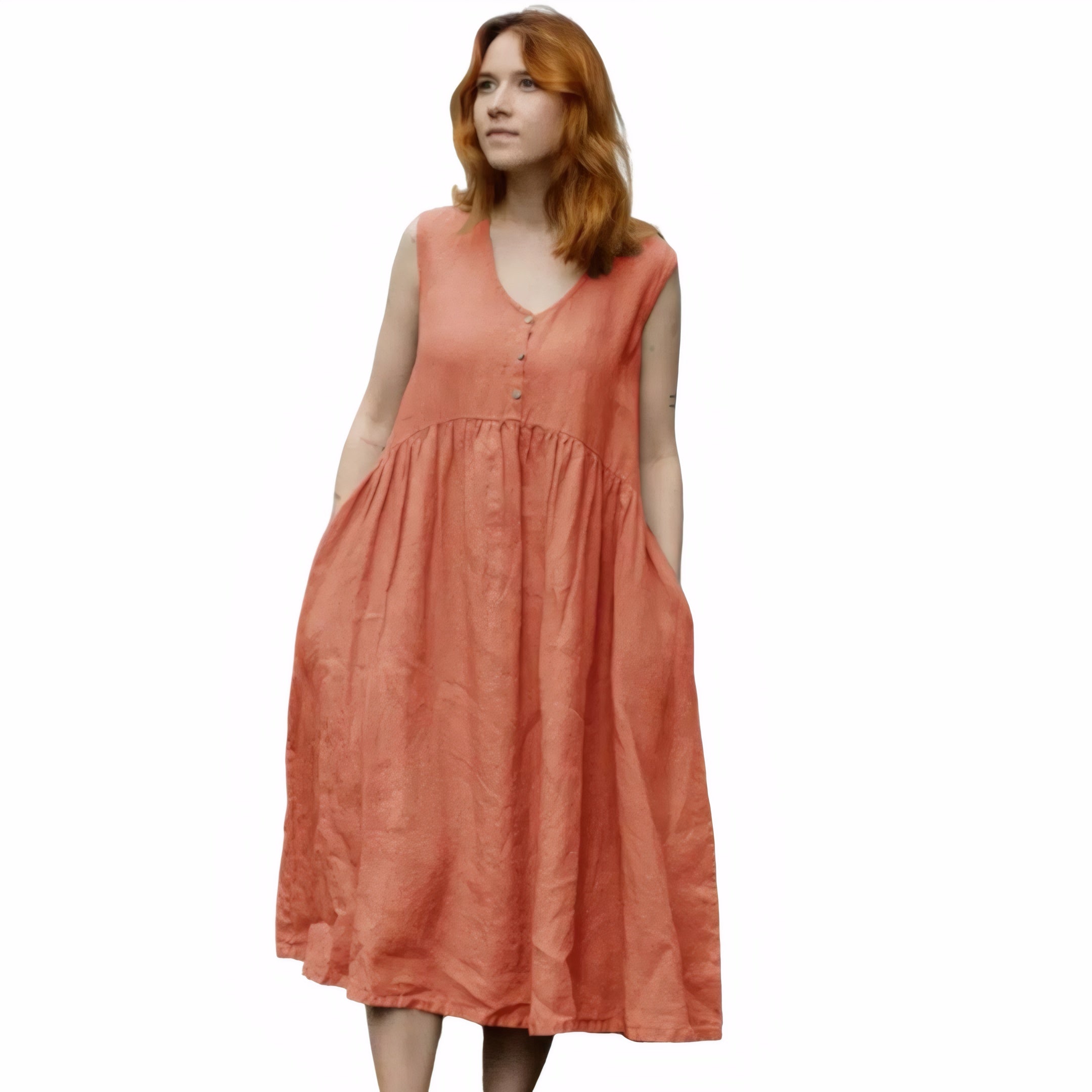 Woman in brick red linen loose-fit midi dress in nature