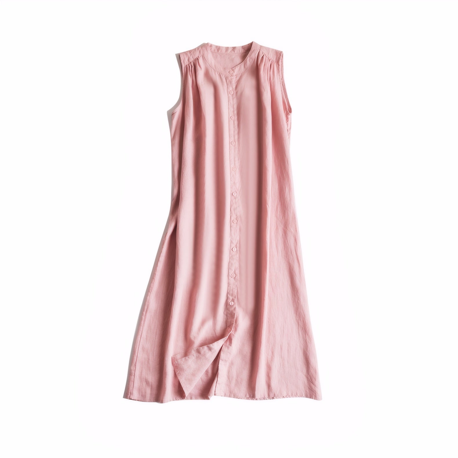 Soft pink 100% linen long shirt dress with front buttons