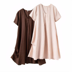 Two natural linen dresses in brown and blush pink, V-neck short sleeves