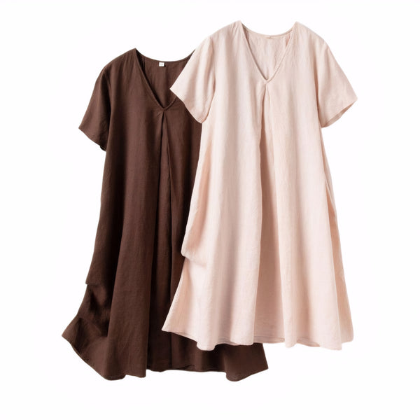 Two natural linen dresses in brown and blush pink, V-neck short sleeves