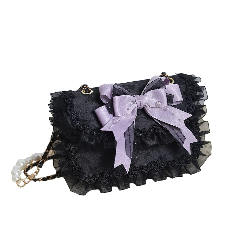 Lolita lace shoulder bag with satin bow and pearl strap Cute crossbody bag with dual straps – pearl and satin