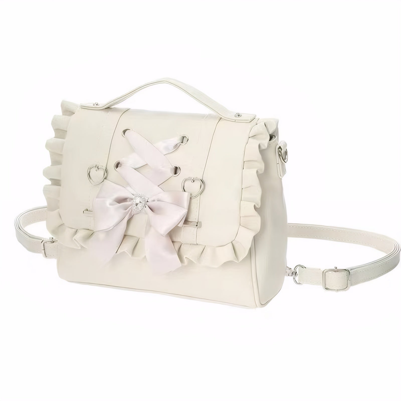 White Lolita heart-shaped ribbon bag with frills and adjustable strap.sweet girl backpack purse, pastel bow bag