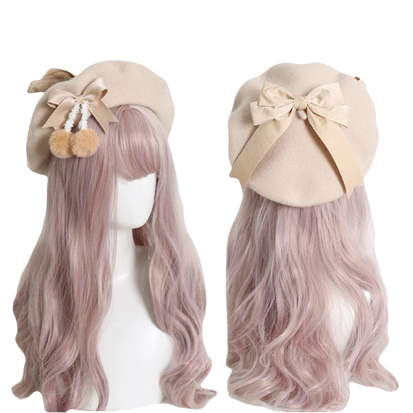 Back view of beige beret with wide ribbon bow for girls handmade cute winter beret hat with pom-pom and lace trim