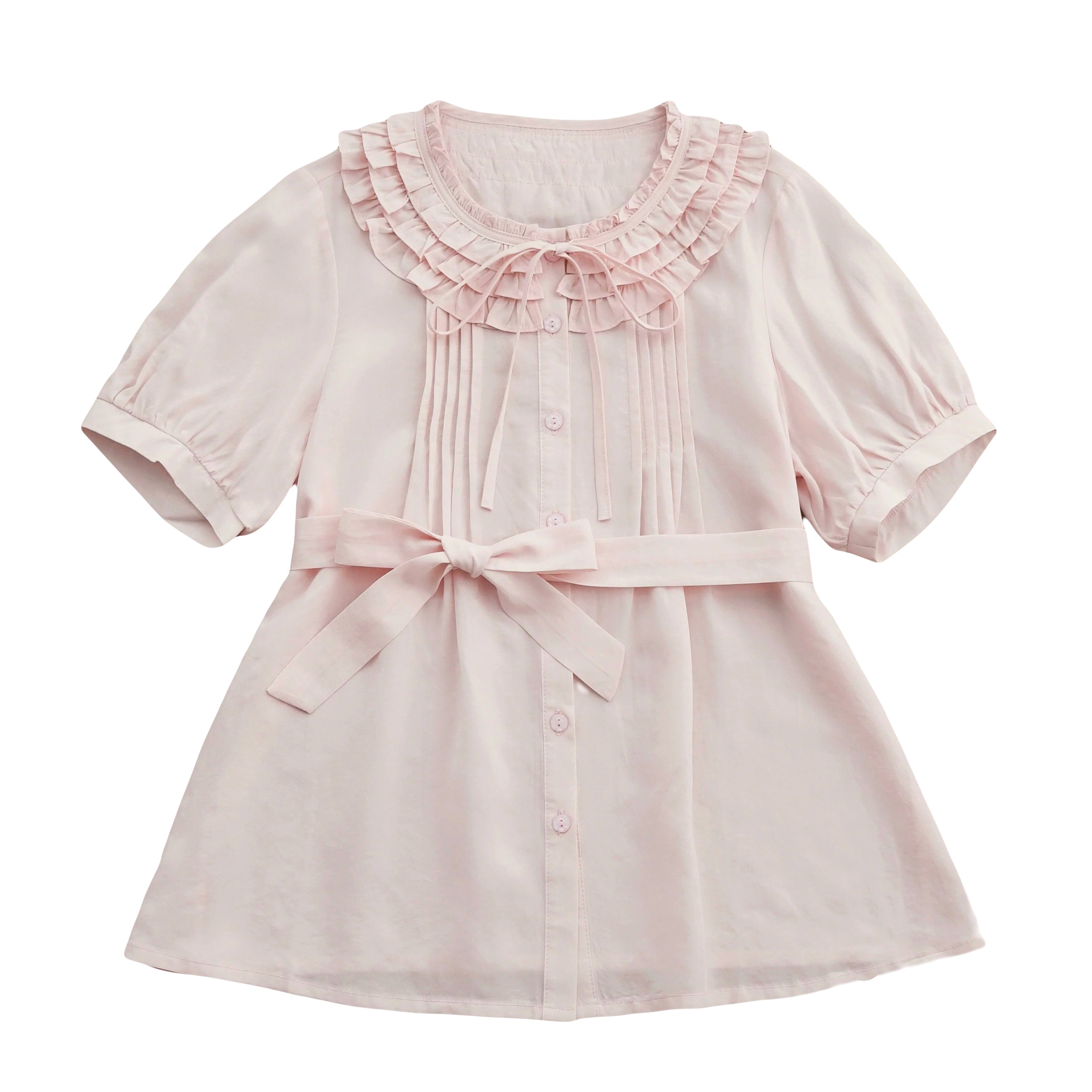 Pastel pink Lolita blouse with ruffle collar and waist bow