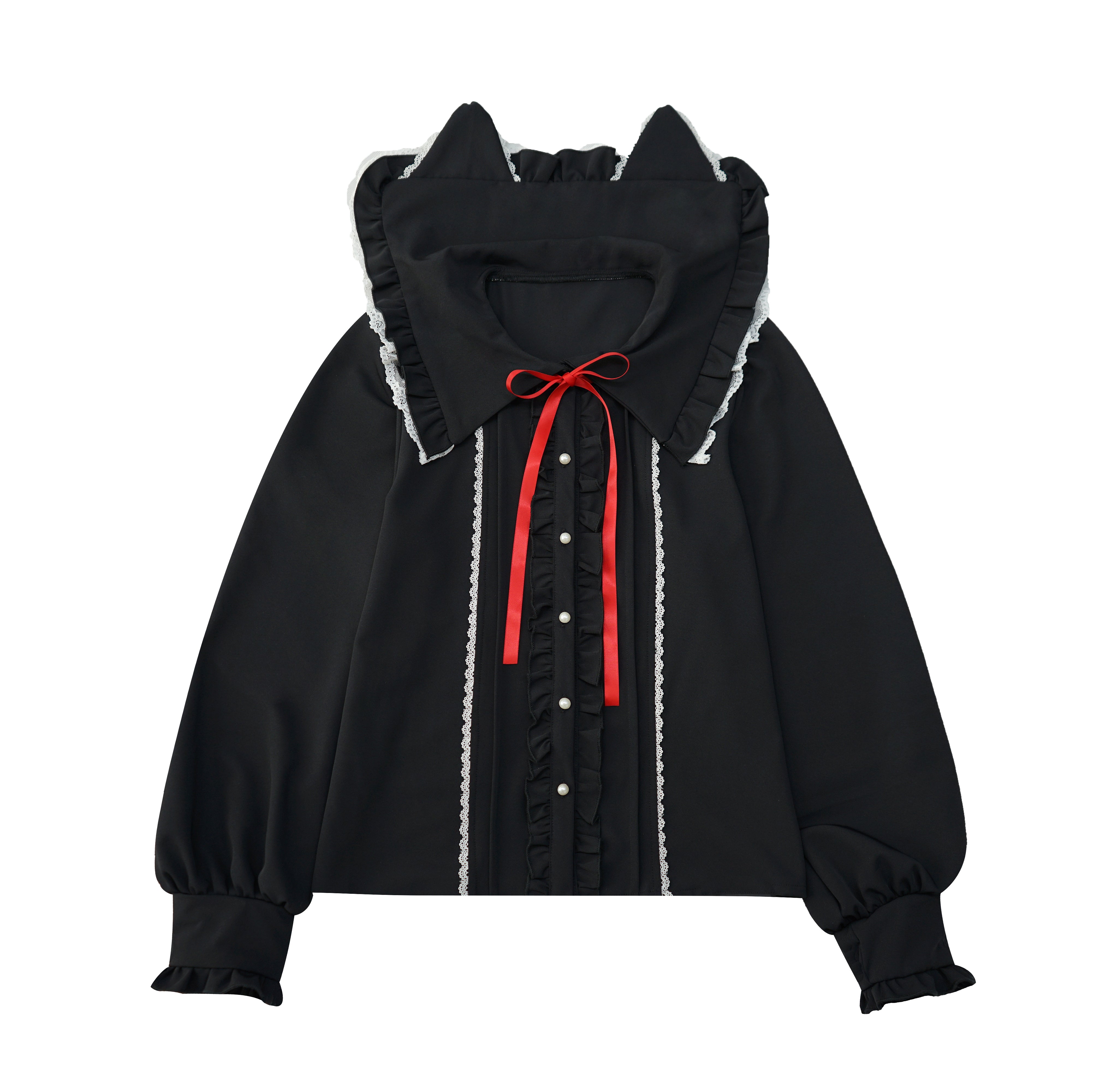 Black Lolita blouse with cat ears, lace trim and red ribbon bow sweet lolita tie front blouses for women