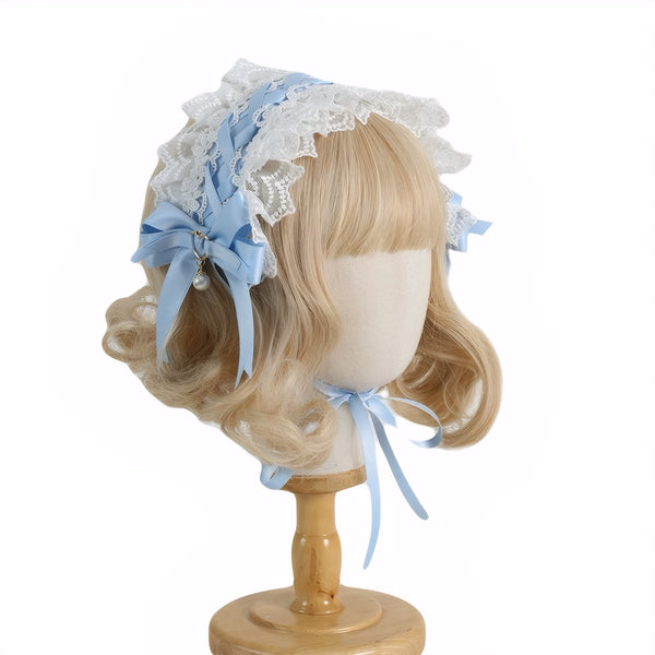Lolita lace cat ear headband with blue bows and removable faux fur ears lolita fashion hairwear