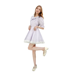 Sweet Lolita Gingham Dress with Lace Trim and Bows Kawaii Puff Sleeve Doll Style