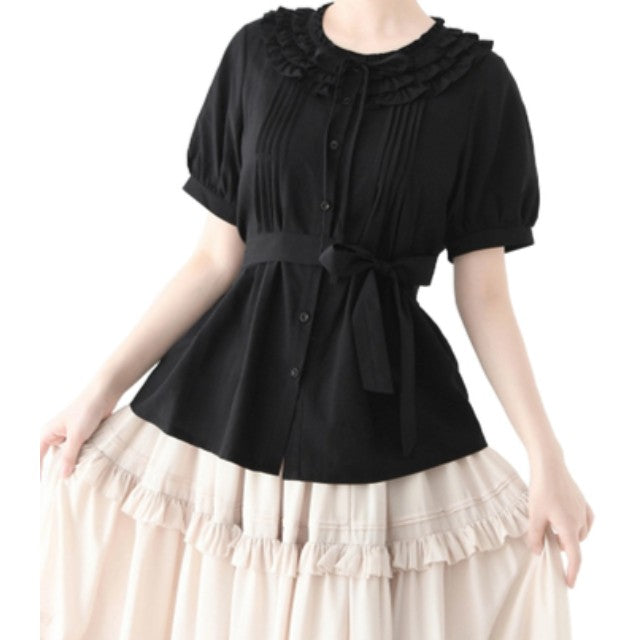 Black vintage Lolita shirt styled with layered skirt