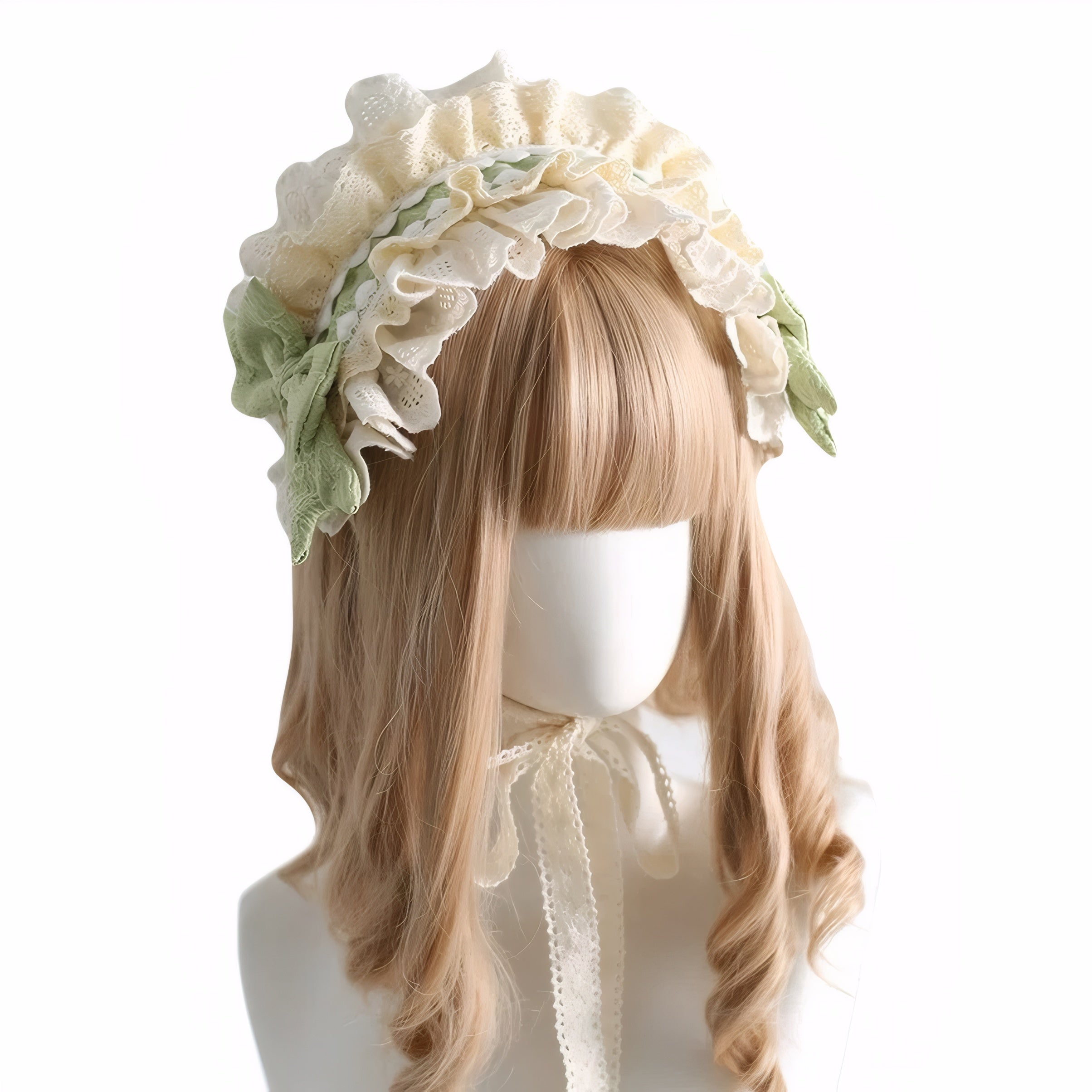 Sweet Lolita ruffled lace headband with bows in pastel colors – kawaii frill bonnet style CLA tie for girls and women cosplay