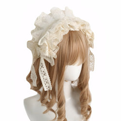 Beige French-style Lolita headdress with soft lace and cute bows romantic lolita accessory elegant lace headband