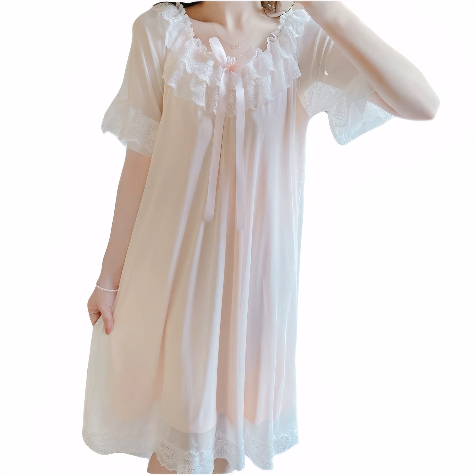 Sweet summer palace-style sleepwear with lace trim and chest padding, available in white, black, pink, purple, and beige.