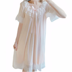 Sweet summer palace-style sleepwear with lace trim and chest padding, available in white, black, pink, purple, and beige.