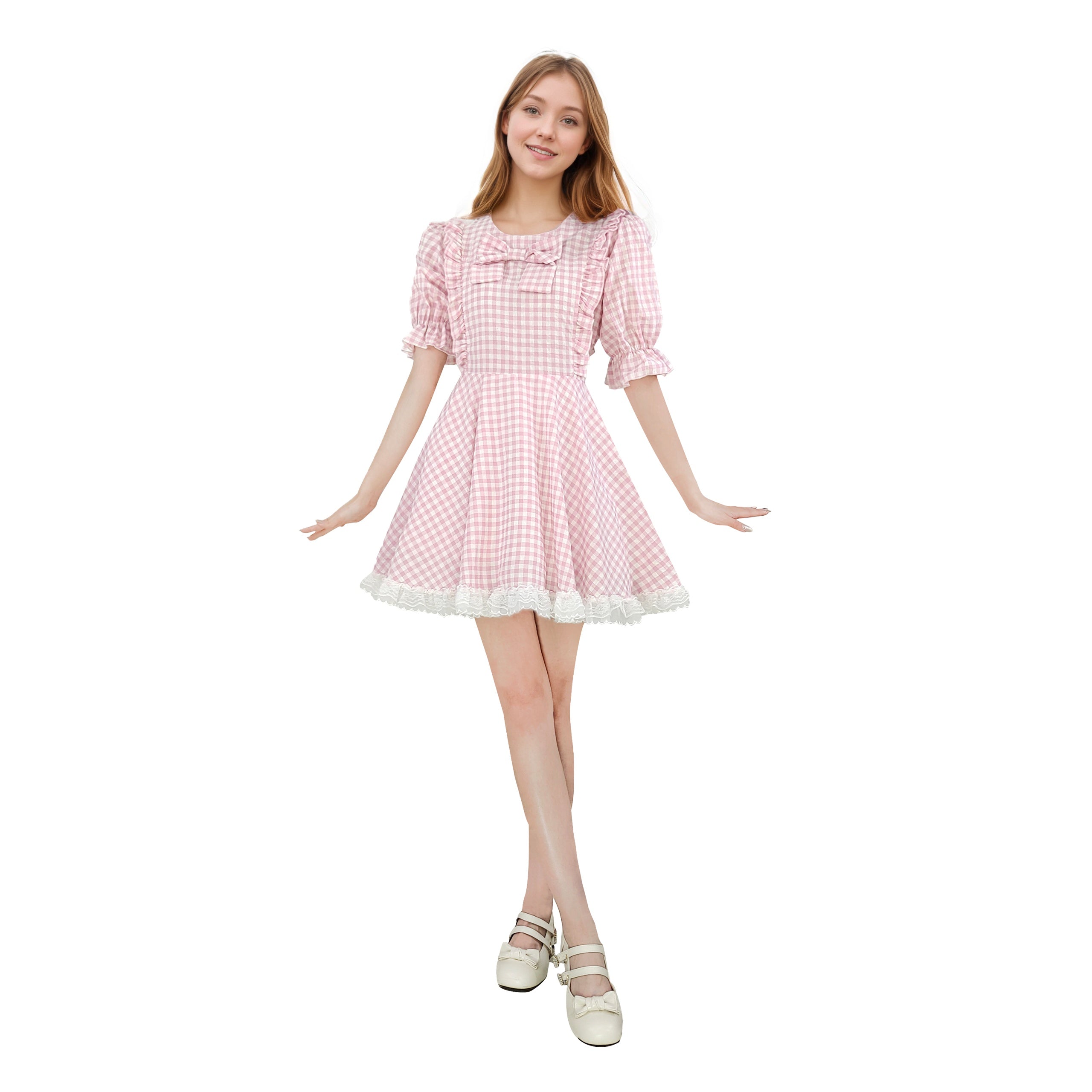 Sweet Lolita Gingham Dress with Lace Trim and Bows Kawaii Puff Sleeve Doll Style