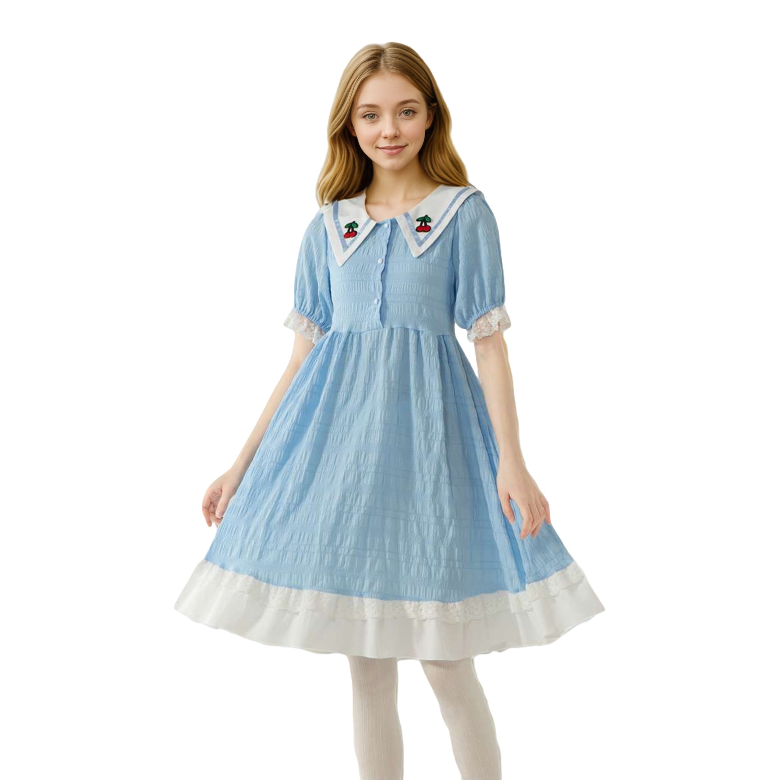 Light blue short puff sleeve Lolita dress with strawberry embroidered Peter Pan collar and white lace hem.