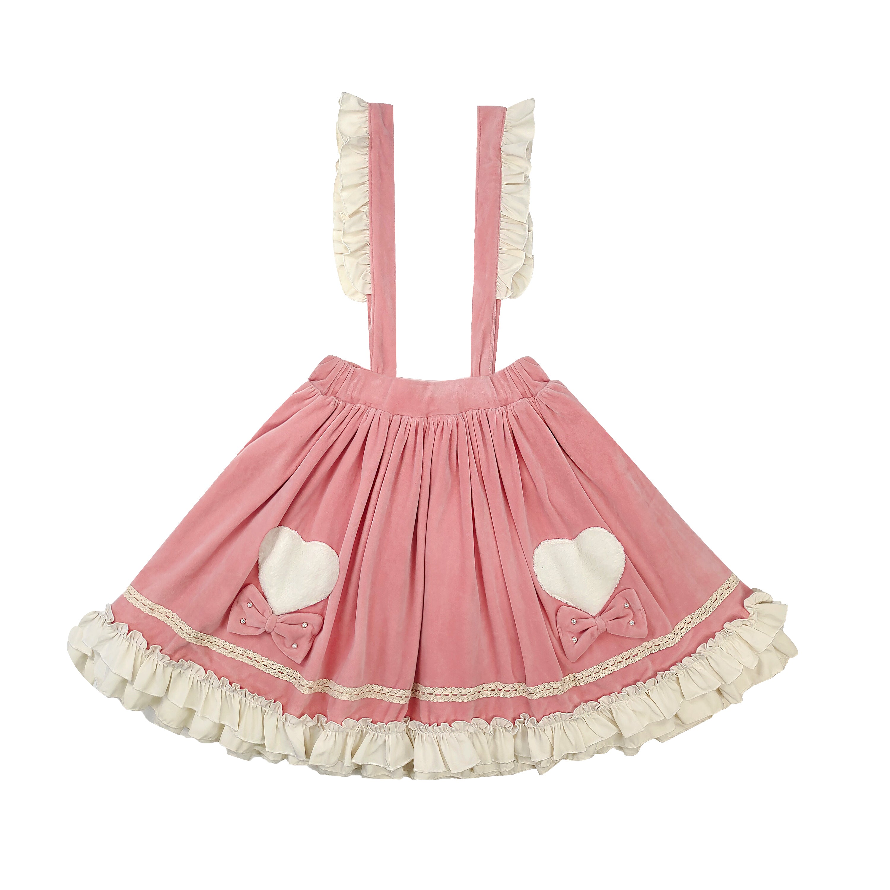 Pink lolita suspender skirt with heart pockets frilly velvet skirt