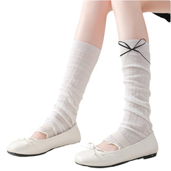 White breathable knit leg warmers with small black bows Japanese mesh leg warmers
