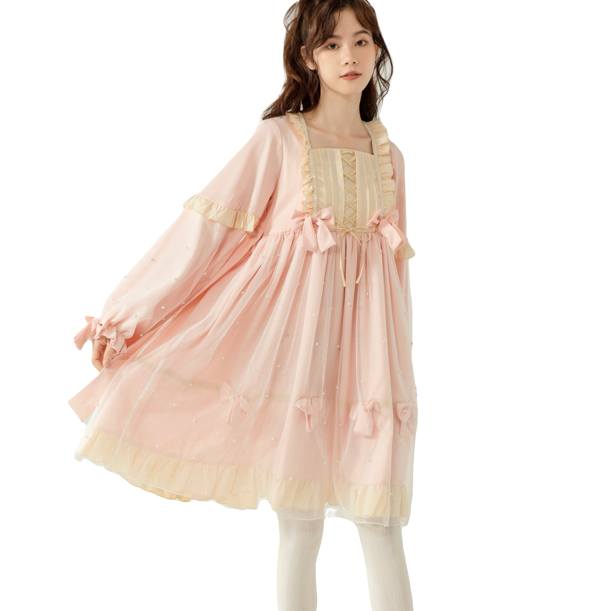 Sweet Lolita Pearl Bow Princess Dress Long Sleeve Japanese Style Mesh Overlay Pullover Kawaii Girl Outfit