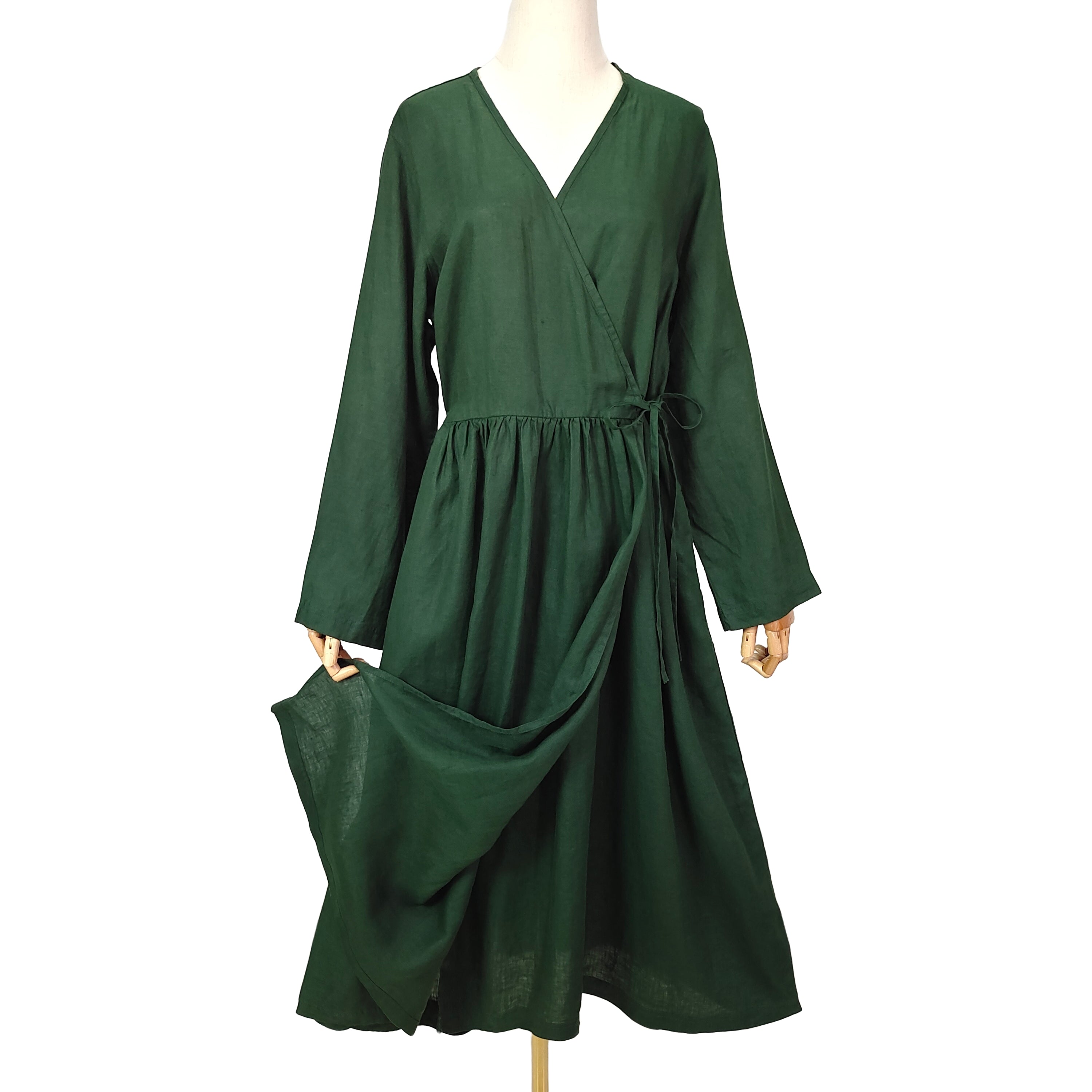100% Linen Wrap Dress Long Sleeve V-Neck Tea Dress Casual Elegant Mid-Length Robe with Belt & Pockets