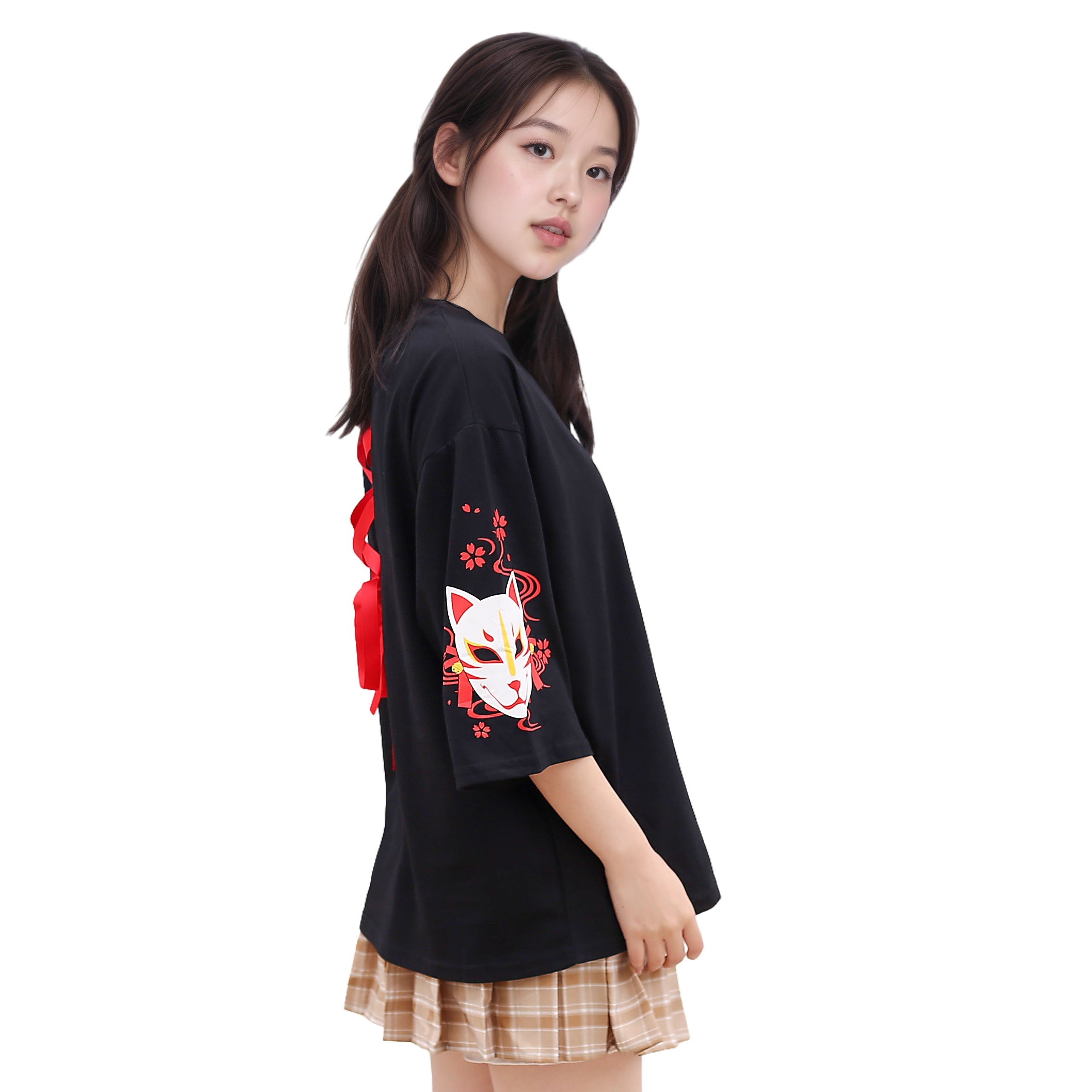 Round-neck cotton T-shirt featuring red ribbon corset back kimono fox mask shirt