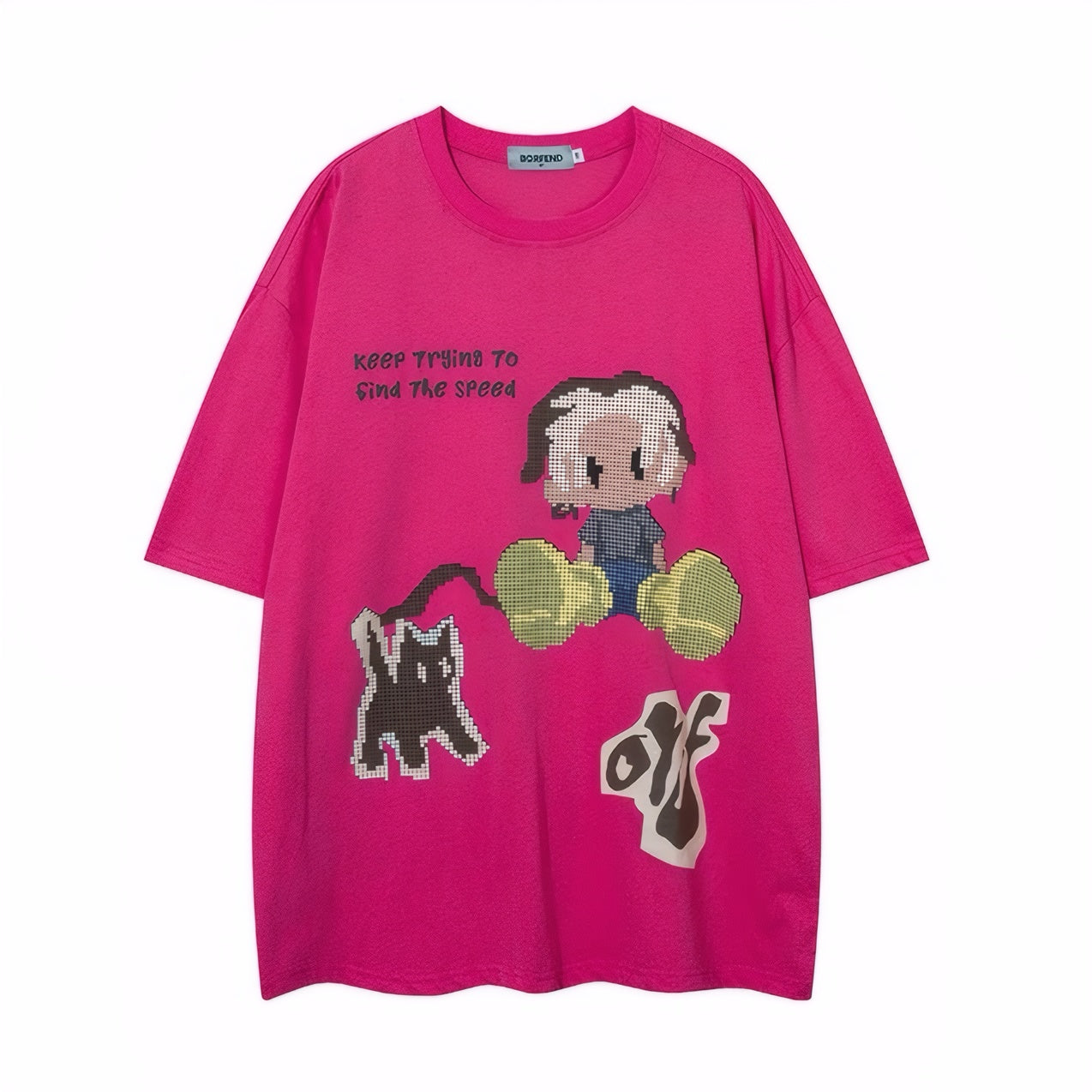 Oversized Streetwear Cartoon Pixel T-Shirt Unisex Hip Hop Graphic Tee Cotton Loose Fit Couple Shirt