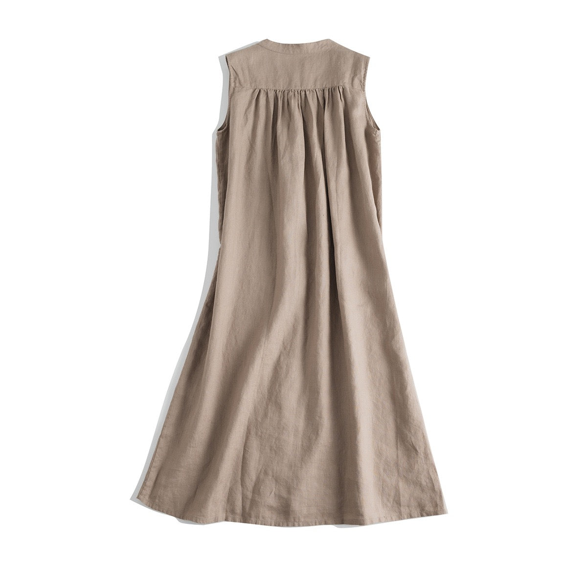 Japanese Style 100% Linen Pleated Shirt Dress Sleeveless Long Vintage Sundress with Button Front