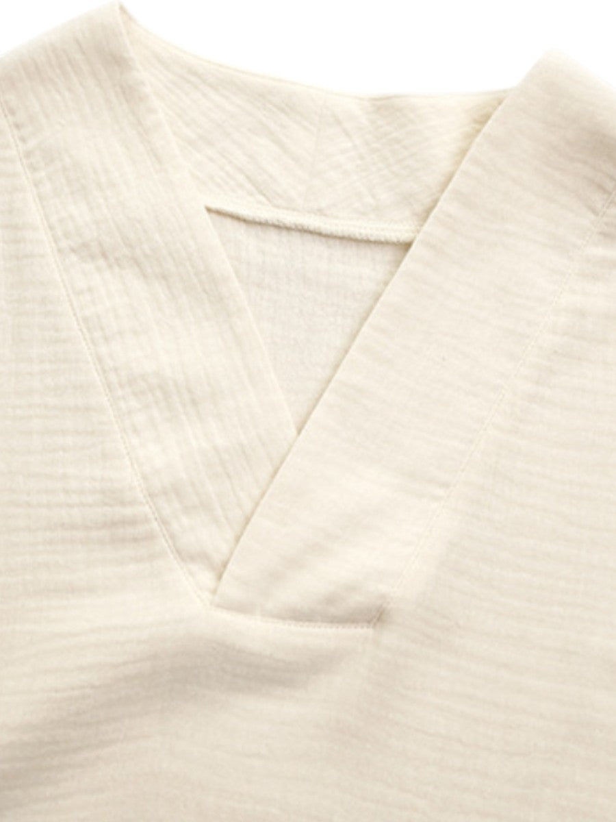 Soft Cotton Gauze Sleep Dress Beige Loose Kaftan Nightgown V Neck Loungewear Home Wear