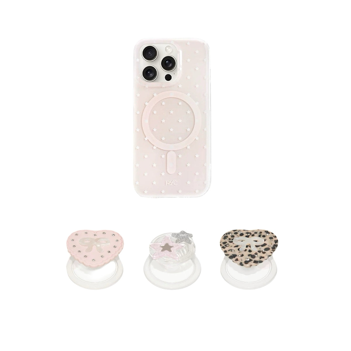 INS-style iPhone case with 3D star pattern and magnetic heart-shaped ring stand in multiple styles magsafe star case