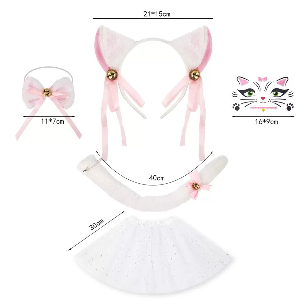 White cat tail and tutu cosplay set with makeup sticker cat ear headband cosplay cat costume