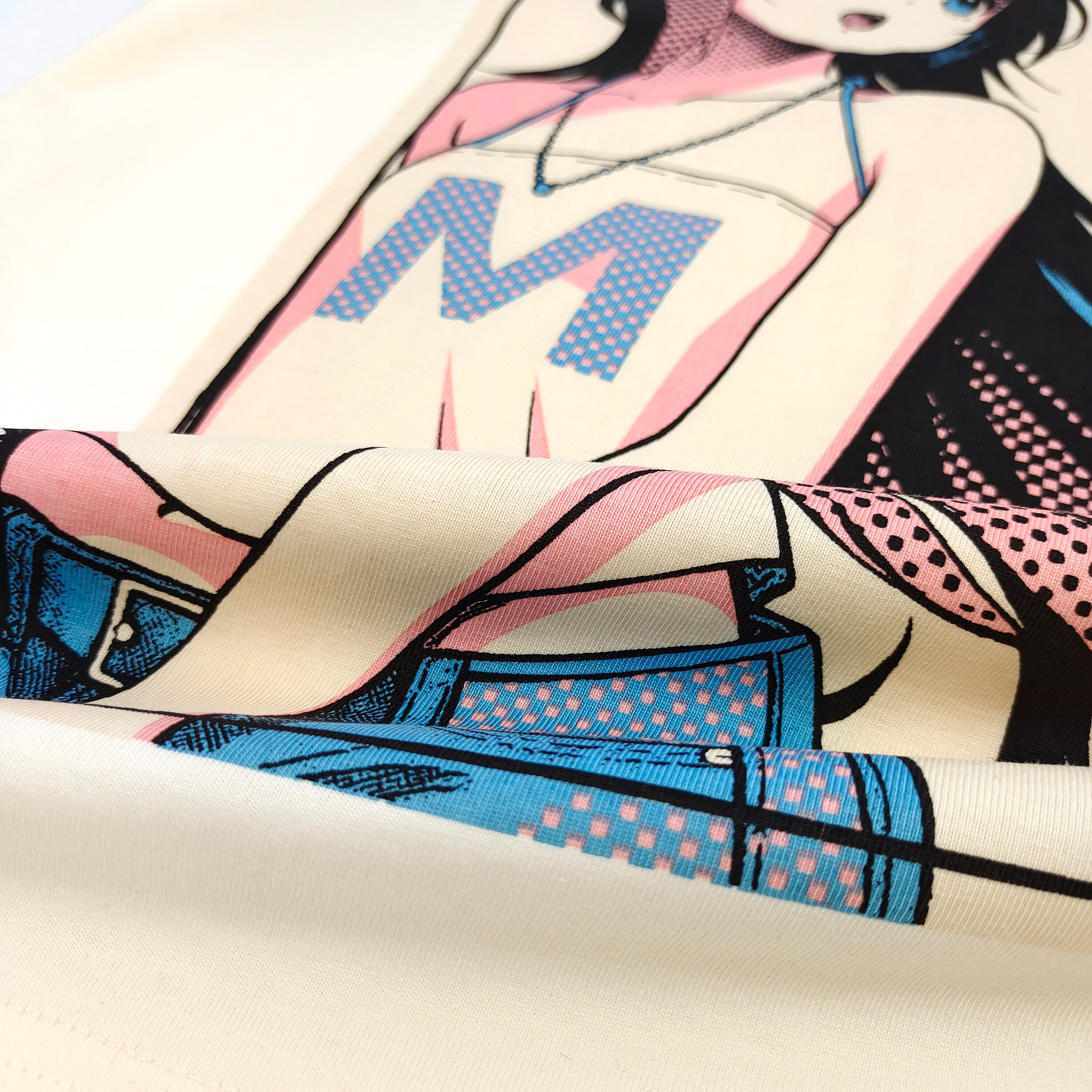 Pink Anime Girl Graphic Tee Blue Sleeve Cotton Oversized T-Shirt Boputeng Japanese Streetwear