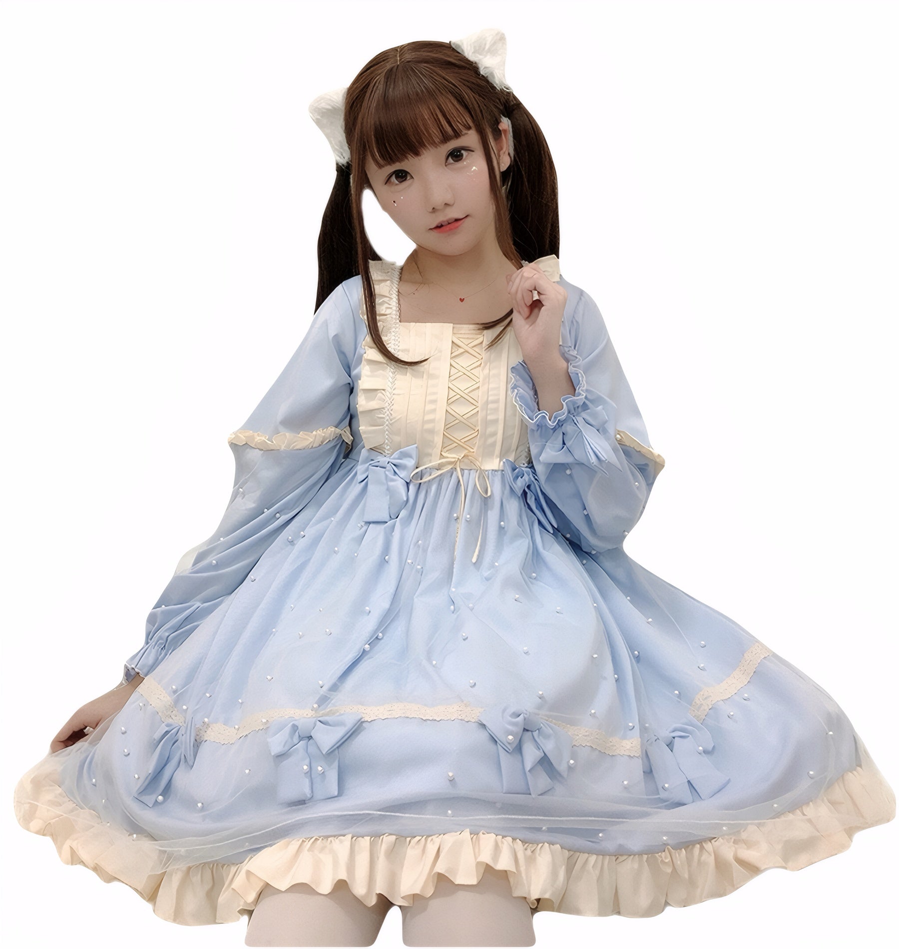 pastel mesh bow dress for girls, girly fashion long sleeve dress