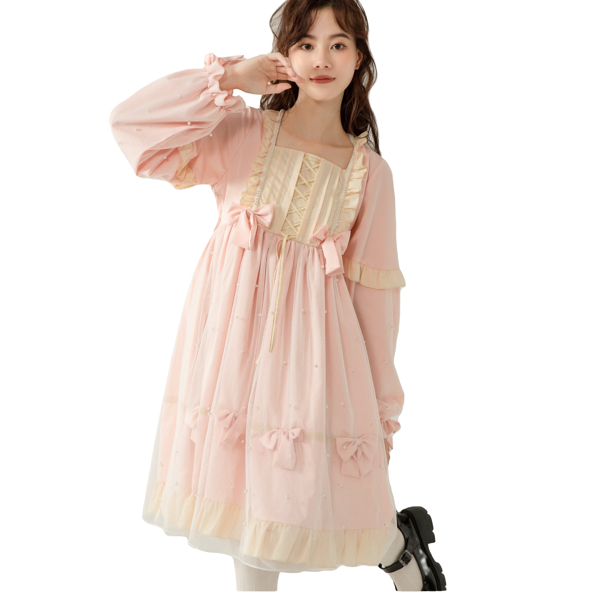 Sweet Lolita Pearl Bow Princess Dress Long Sleeve Japanese Style Mesh Overlay Pullover Kawaii Girl Outfit