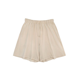 Front view of women’s cotton-linen shorts in creamy beige with drawstring and side pockets