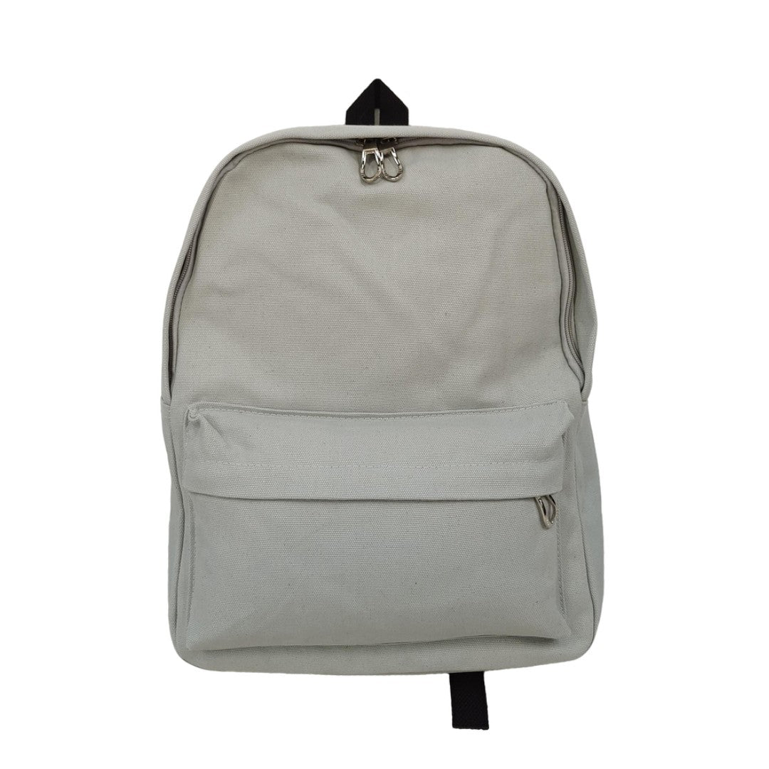 Gray minimalist canvas backpack with front pocket, unisex school bag for students